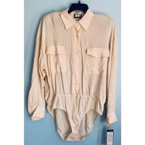 DKNY Bodysuit Blouse Off White 12 NWT 100% Silk